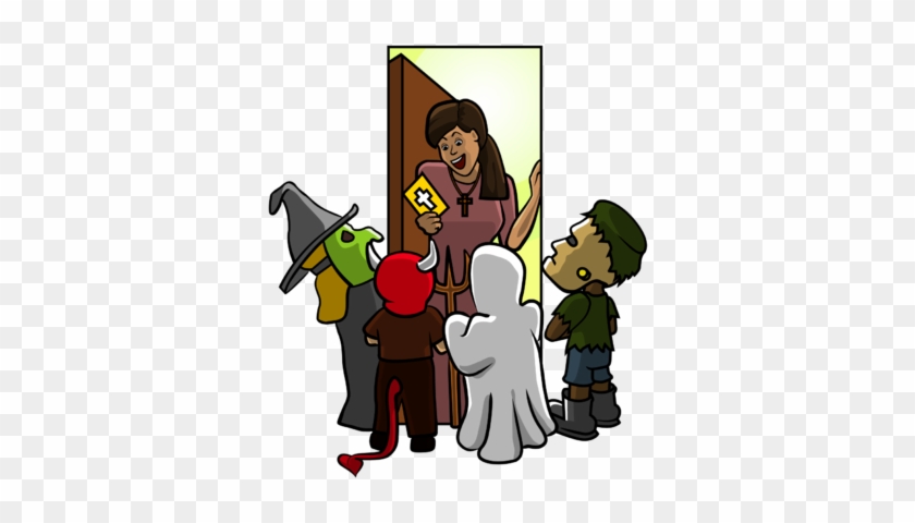 A woman in a pink dress holding a cross-shaped sign stands at the door, welcoming children in Halloween costumes including a witch, devil, ghost, and zombie.