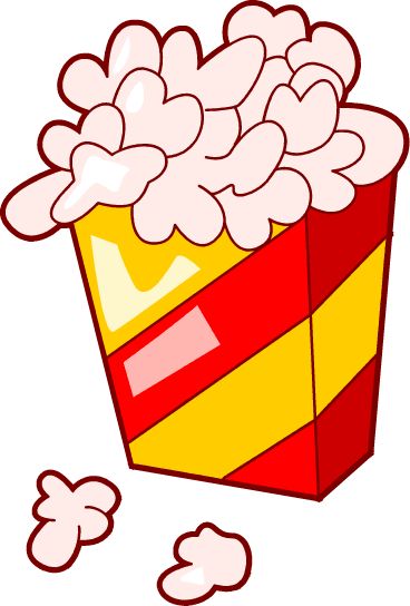 A colorful cartoon-style popcorn box filled with fluffy popcorn, with a few pieces scattered around.