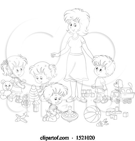 A black and white line drawing of a teacher or caregiver standing with four children playing with toys in a classroom setting.
