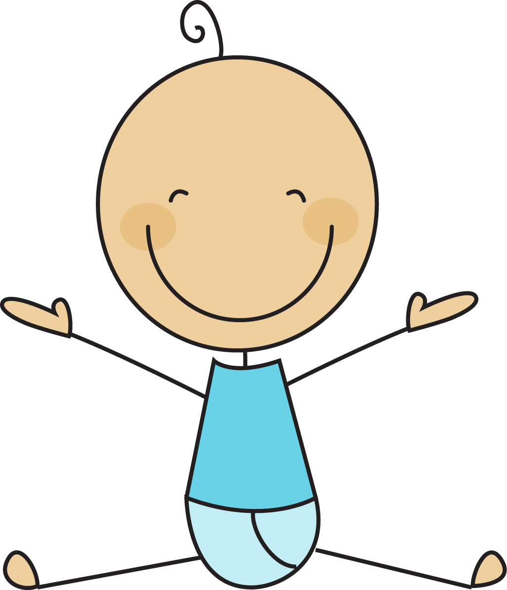 A cheerful cartoon baby with a round head, smiling face, and outstretched arms, wearing a blue outfit.