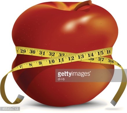 A red apple wrapped with a yellow measuring tape, symbolizing healthy eating and weight management.