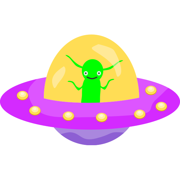 A green alien with big eyes and antennae waves from inside a yellow dome on a purple flying saucer with golden lights.