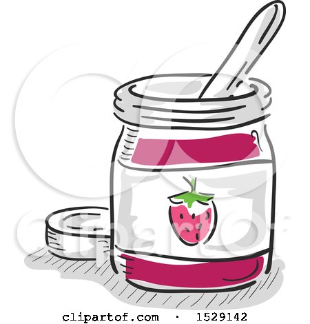 A cartoon-style illustration of a glass jar filled with strawberry jam, featuring a strawberry image on the label, a spoon inside, and a lid beside it.