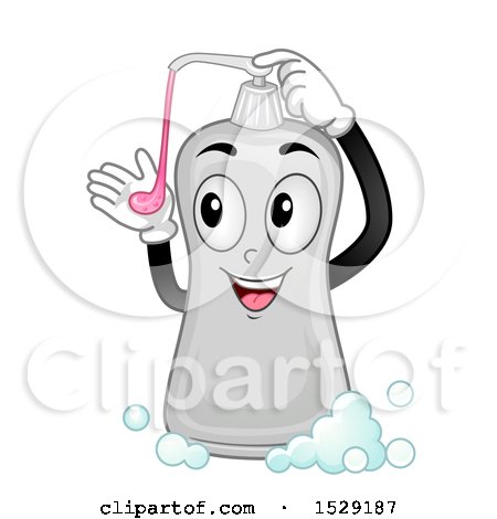 A cheerful cartoon soap dispenser with a smiling face, holding a pink soap bubble, surrounded by bubbles.