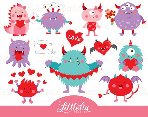 A collection of cute, colorful monster characters with hearts, horns, and wings, celebrating Valentine's Day.