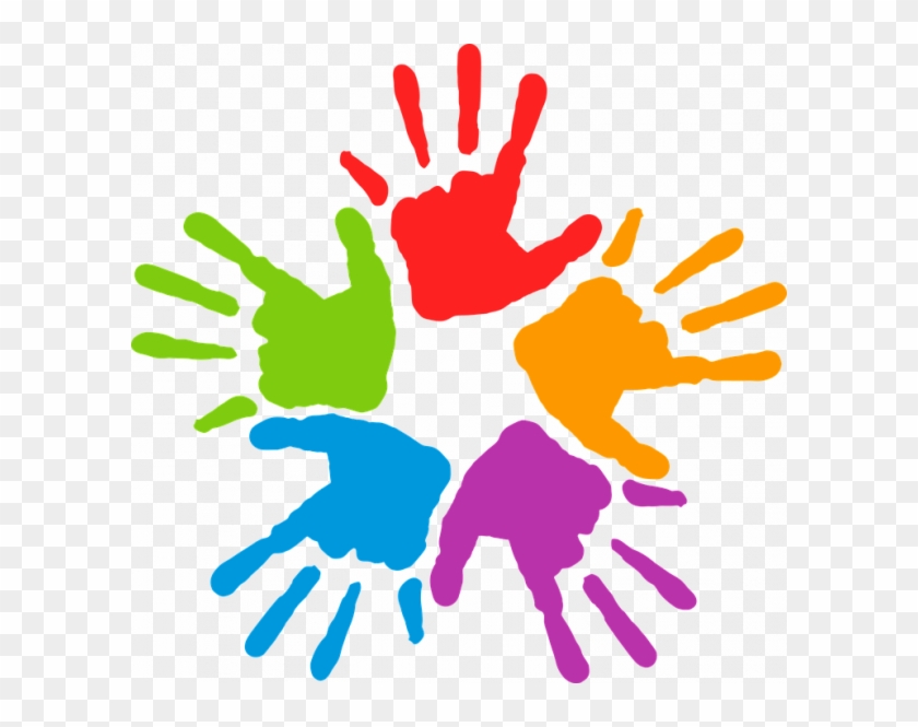 Colorful handprints in red, green, yellow, blue, and purple arranged in a circular pattern on a transparent background.