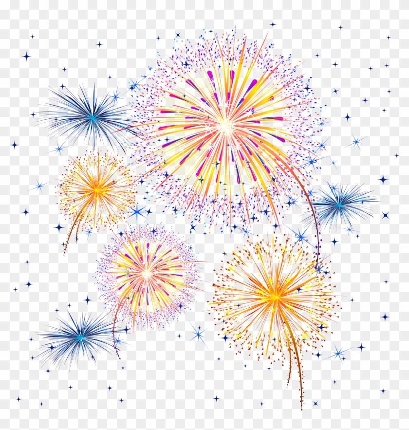 Colorful fireworks bursting in celebration with stars and sparkles on transparent background.