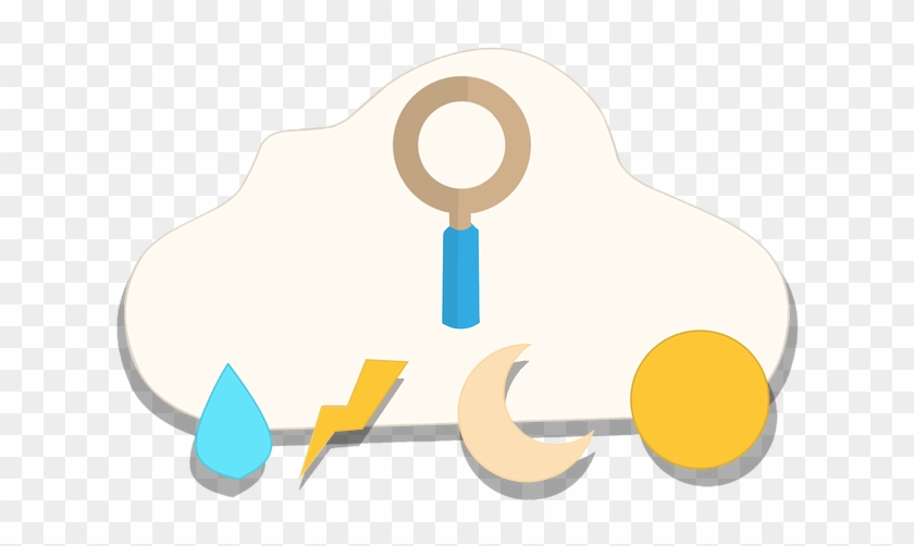 Cloud icon with magnifying glass and weather symbols: raindrop, lightning, moon, sun.