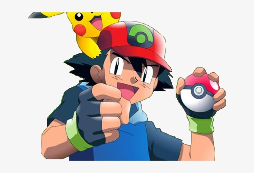 Ash Ketchum pointing forward with Pikachu on his shoulder and a Poké Ball in hand, smiling confidently.