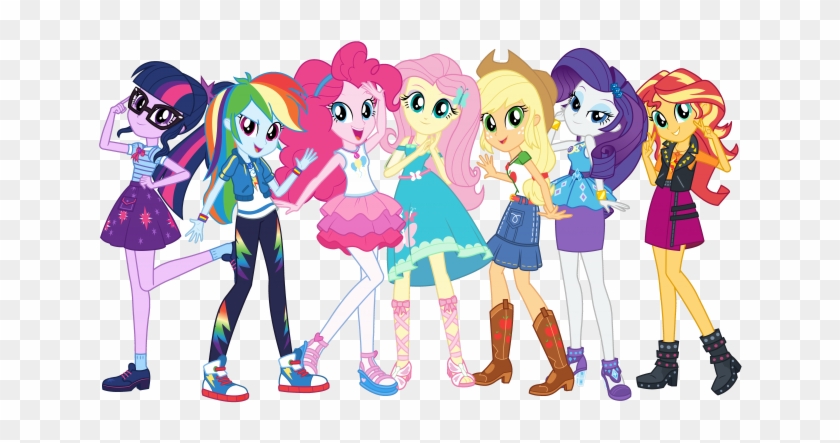 Seven My Little Pony: Equestria Girls characters posing together in modern outfits against a transparent background.