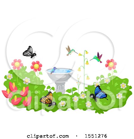 A colorful garden scene with flowers, butterflies, hummingbirds, and a birdbath filled with water.