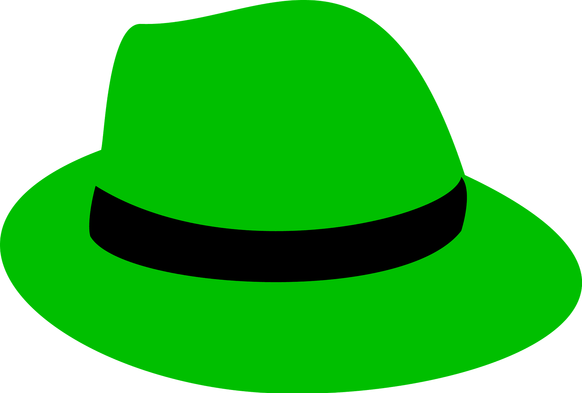 Bright green fedora hat with a black band against a gray background.