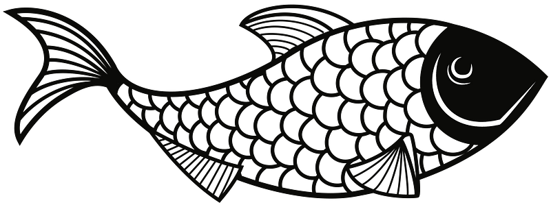 Stylized black-and-white fish illustration with intricate scale pattern and crescent moon eye design.
