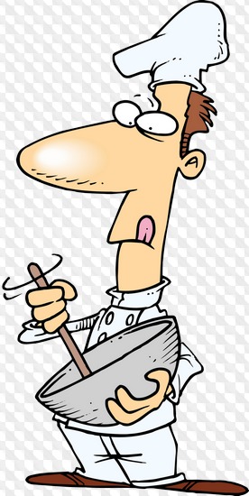 Cartoon chef with tall hat stirring a bowl, wide-eyed and focused.