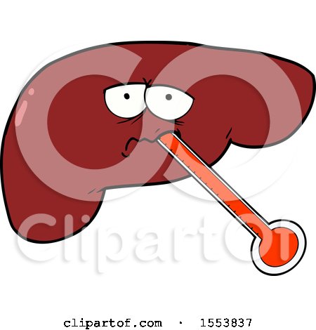Cartoon liver with worried expression holding a fever thermometer in its mouth.