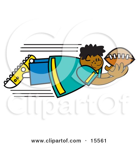 Cartoon boy in teal jersey diving to catch a football with motion lines.