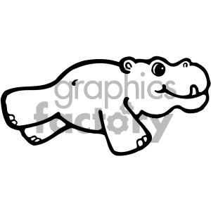Black-and-white cartoon hippopotamus lying down with a friendly smile and visible hooves.
