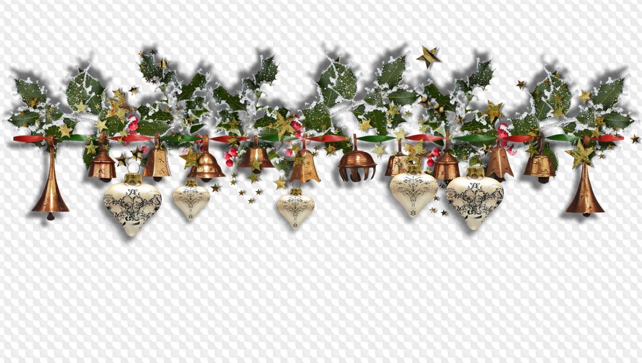 Festive Christmas garland with holly, gold stars, copper bells, and ornate heart-shaped ornaments on a transparent background.