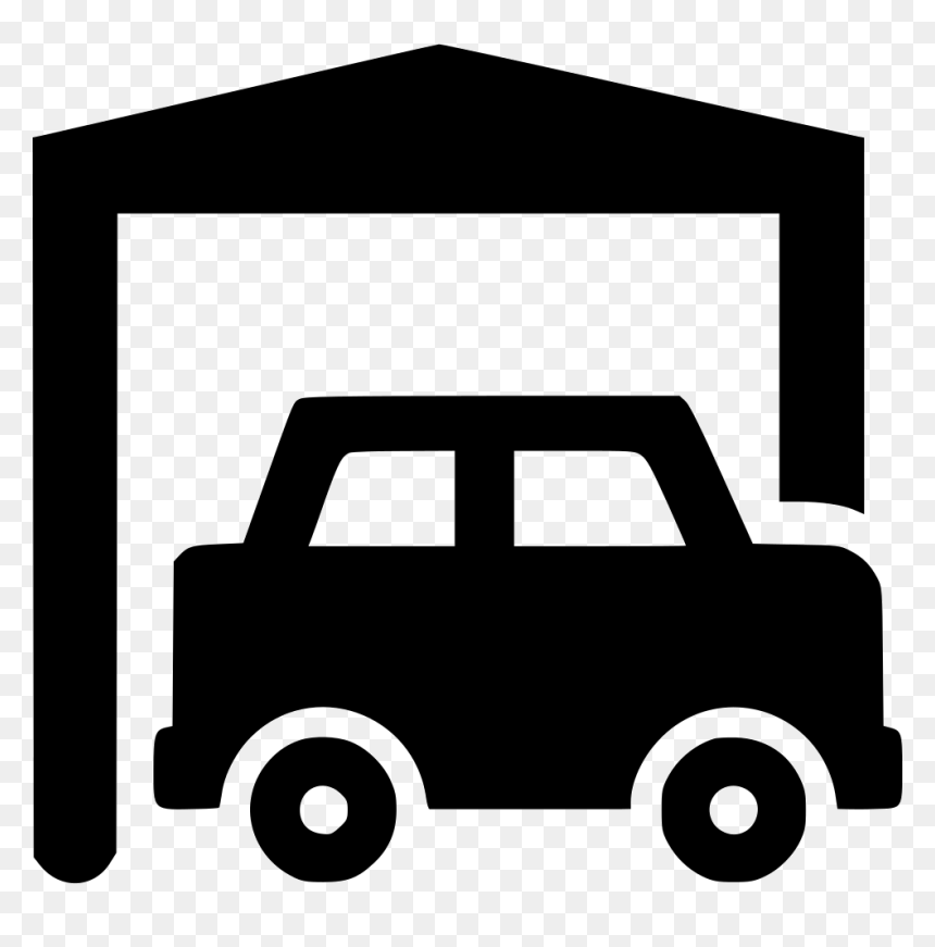 Black silhouette of a car parked under a simple garage roof on transparent background.