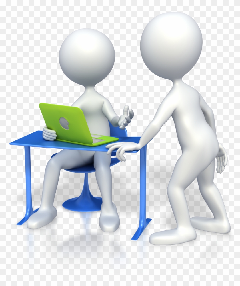 Two 3D white figures collaborating at a desk with a green laptop; one seated, one standing and gesturing.