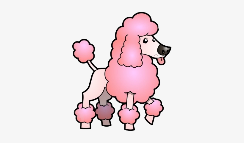 Pink cartoon poodle with fluffy pom-pom grooming style, tongue out, standing sideways.