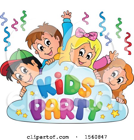 Four smiling cartoon children peeking over a colorful "Kids Party" cloud with confetti and stars.