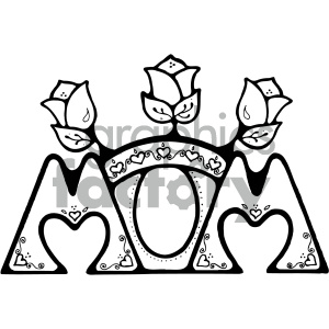 Decorative "MOM" text with roses and hearts, black-and-white line art for Mother's Day or family-themed designs.