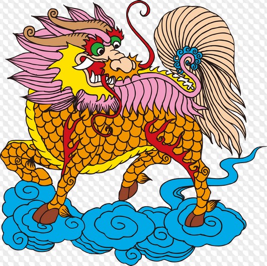 Colorful mythical Chinese qilin creature with dragon head, lion body, and cloud motifs, symbolizing good fortune and prosperity.