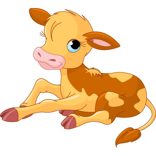 Cute cartoon calf lying down with big blue eyes and brown-and-cream spots.