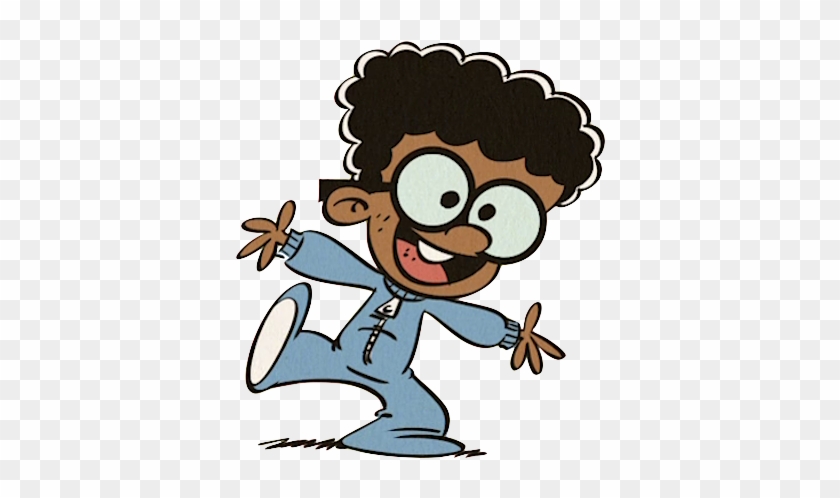 A cheerful cartoon boy with curly hair, big glasses, and a blue onesie, mid-dance pose on transparent background.