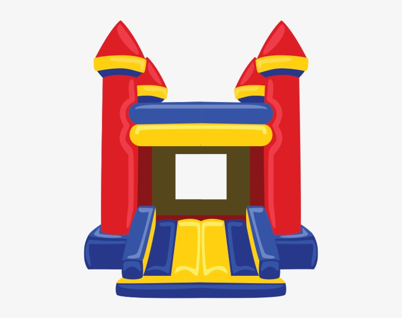 Colorful cartoon-style inflatable bounce house with red towers, blue base, and yellow accents.