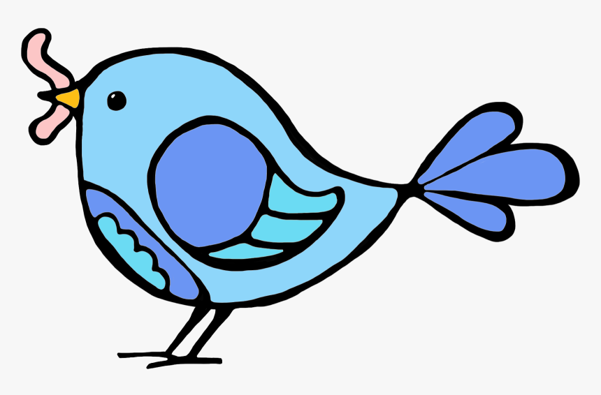 Blue cartoon bird with black outline holding a pink worm in its beak, stylized vector illustration.