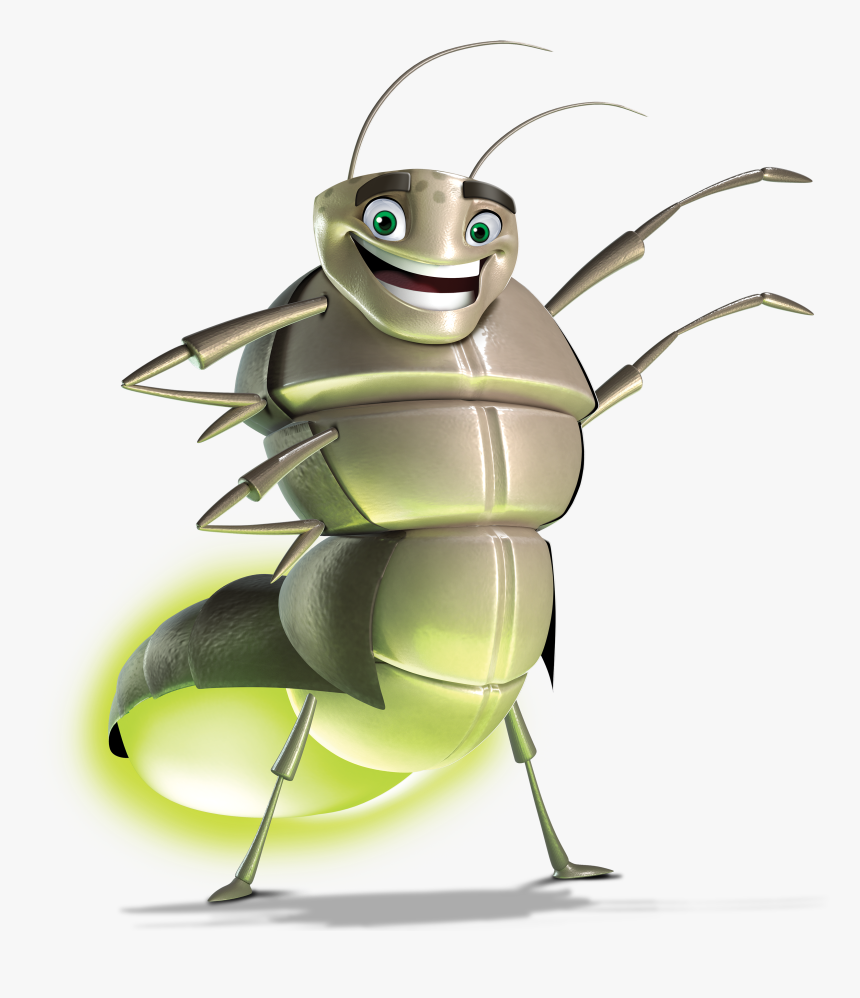 Cheerful animated firefly character with glowing abdomen, green eyes, and expressive pose.