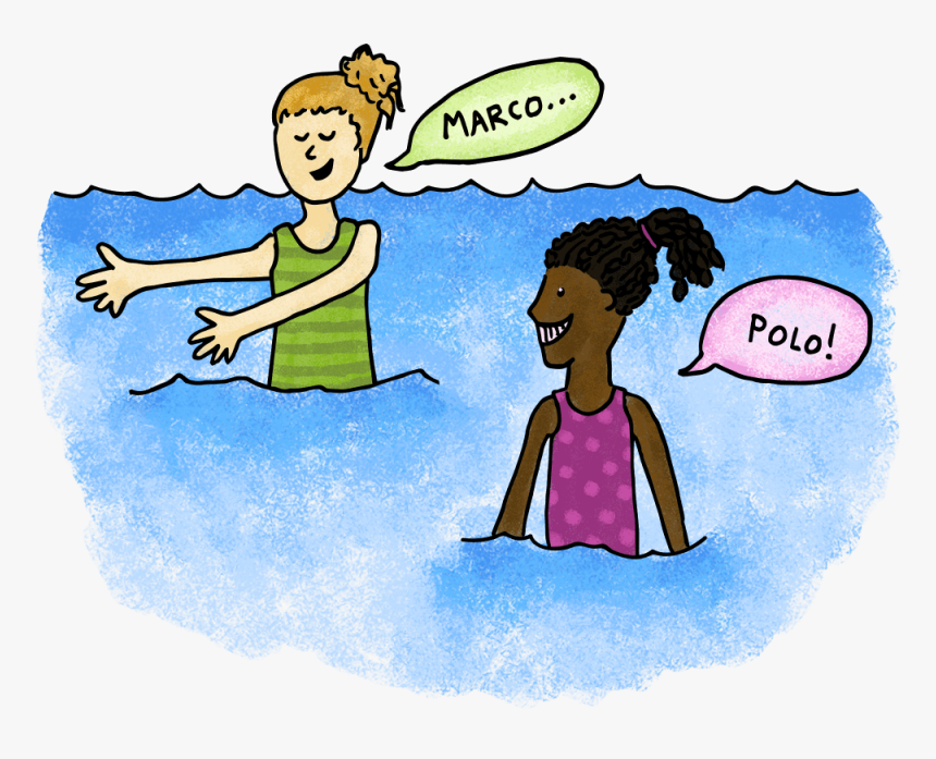 Two girls playing water polo in a pool, one calling "Marco..." and the other responding "Polo!"