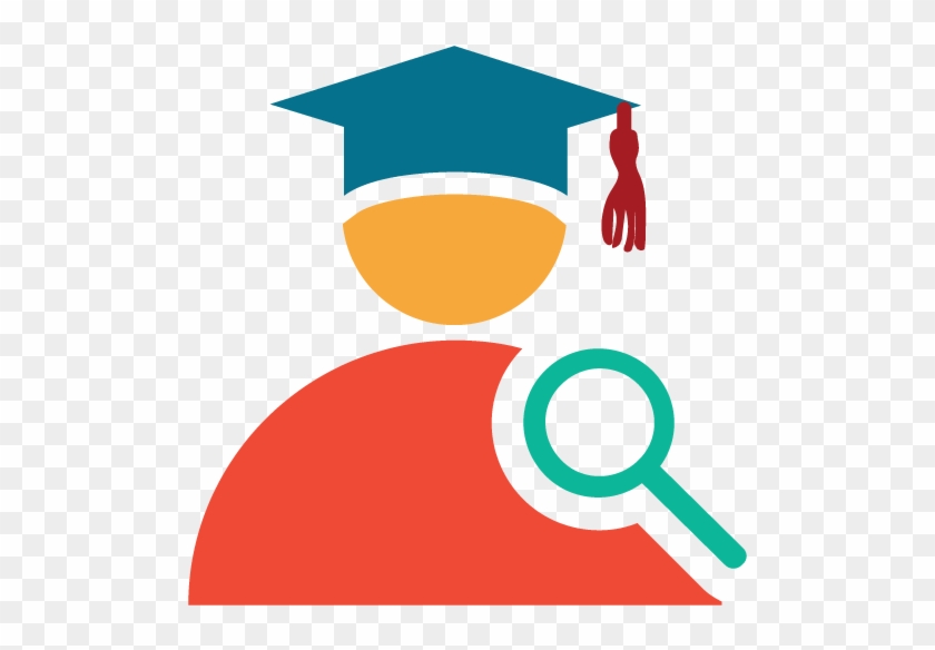 Graduation cap-wearing figure with magnifying glass, symbolizing academic research or student search.