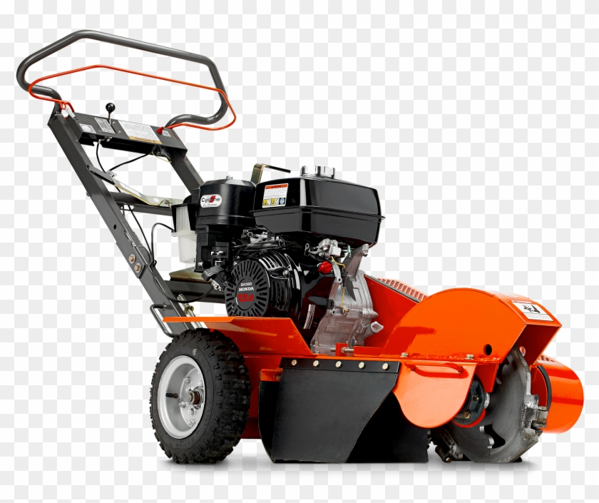 Orange and black walk-behind stump grinder with Honda engine and rugged tires on transparent background.