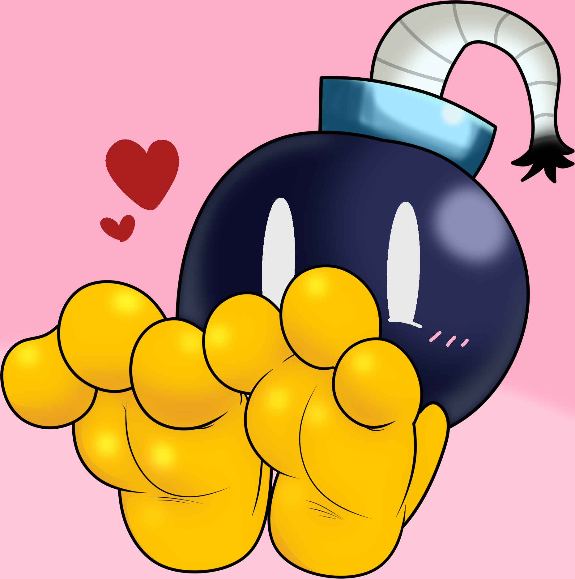 A cute cartoon bomb character with yellow gloves, blushing cheeks, and floating hearts on a pink background.