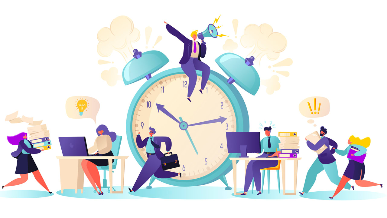 Stressed office workers rushing around a giant alarm clock while a boss shouts through a megaphone-symbolizing workplace time pressure.