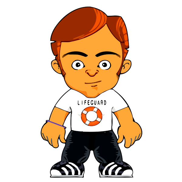 Cartoon boy with orange hair wearing a white "LIFEGUARD" t-shirt, black pants, and striped sneakers.