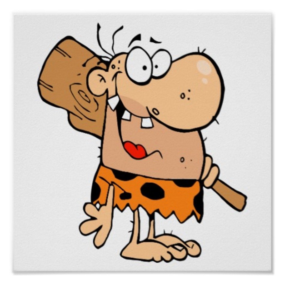 Cartoon caveman with wooden club, wide eyes, and spotted loincloth, smiling playfully.