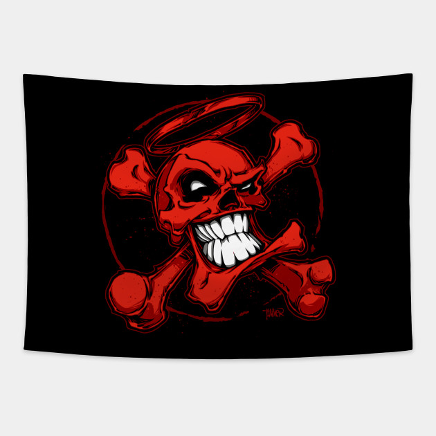 Red cartoon skull with halo and crossed bones on black background, stylized punk/goth artwork.