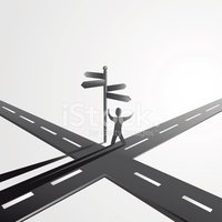 A stylized figure stands at a crossroads with a multi-directional signpost, symbolizing decision-making and life choices.