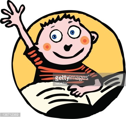 Cheerful cartoon boy with spiky hair raising hand while reading a book, set against a yellow circular background.