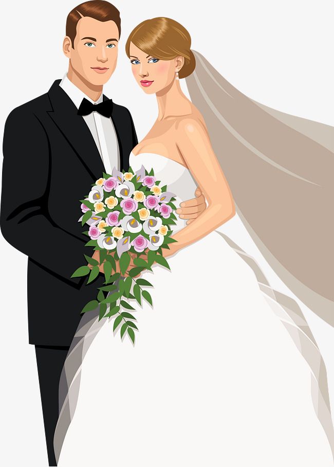 Cartoon illustration of a smiling bride and groom holding a floral bouquet, bride in white gown with veil, groom in black tuxedo.