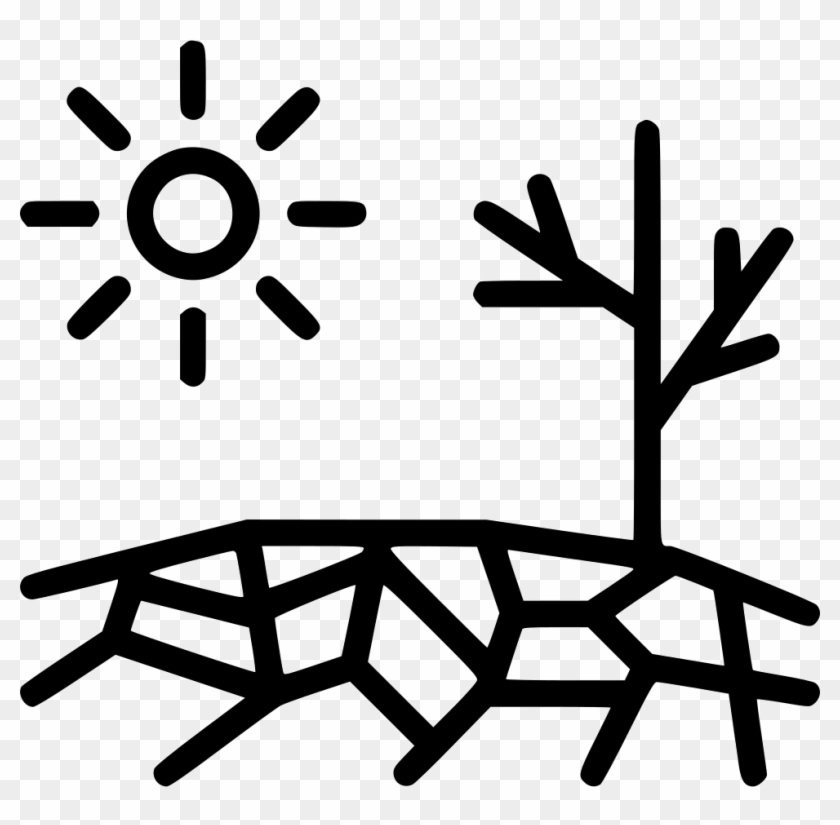 A minimalist black-and-white icon depicting a blazing sun, a leafless tree, and severely cracked dry earth, symbolizing drought or desertification.