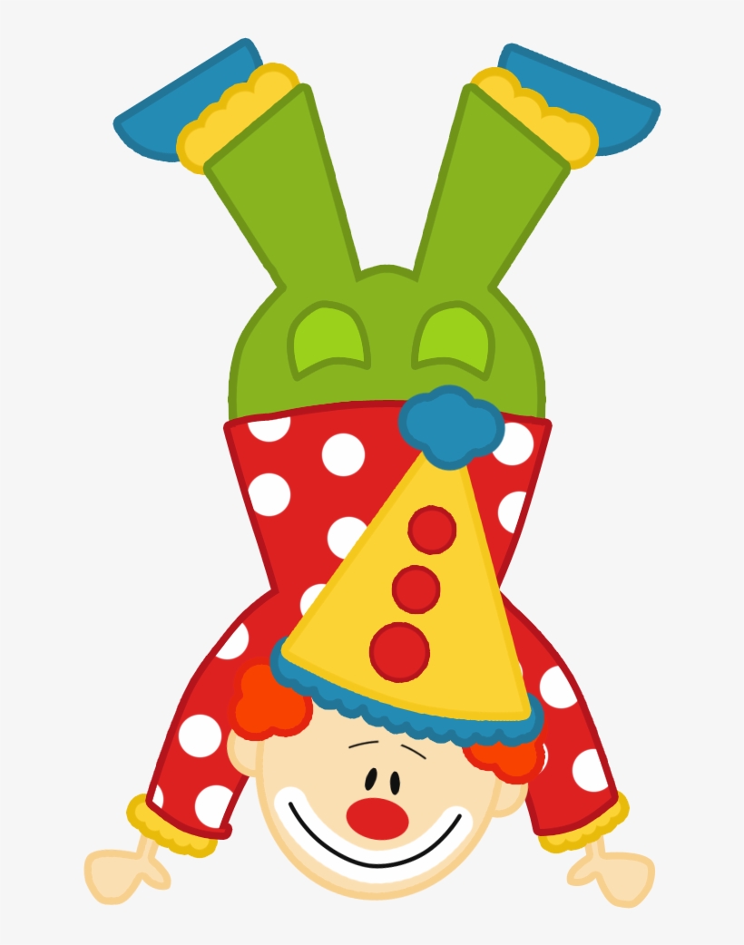 Upside-down cartoon clown in red polka-dot suit, green pants, and yellow party hat with red dots, smiling cheerfully.