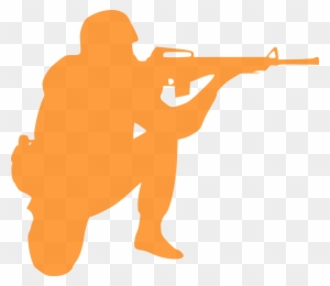 Orange silhouette of a soldier in crouched position aiming a rifle, isolated on transparent background.