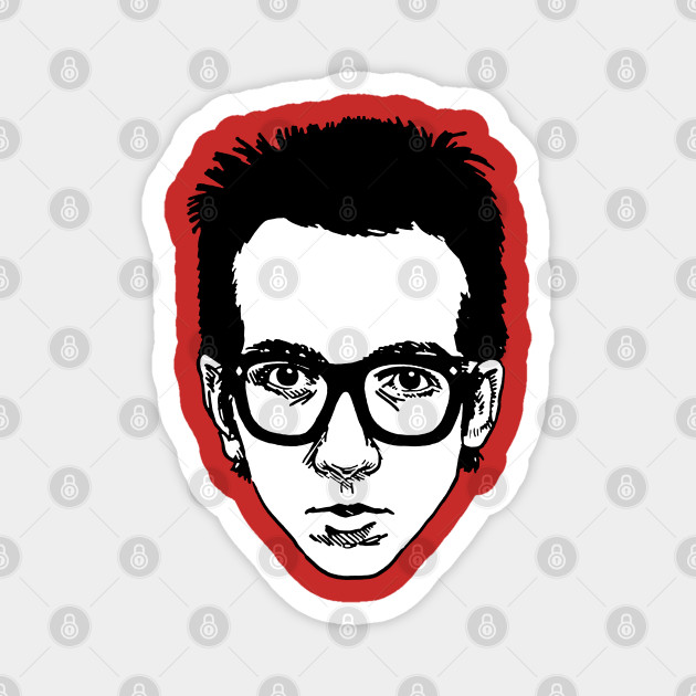 Stylized black-and-white line-art portrait of a person with glasses and spiky hair, outlined in bold red.