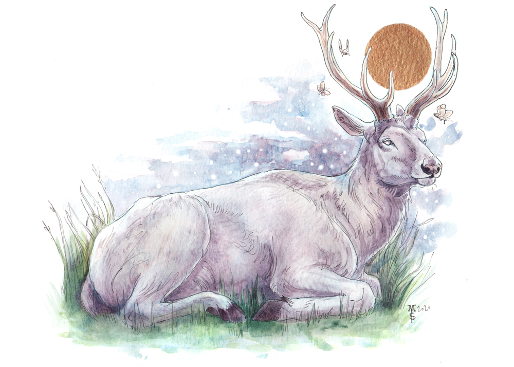 A serene white stag with large antlers rests in grass, golden sun and butterflies float behind it in a dreamy watercolor scene.