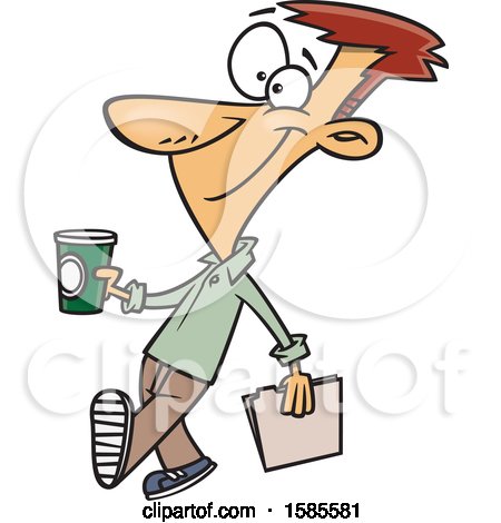 Cartoon man with spiky red hair walking while holding a coffee cup and briefcase, smiling confidently.